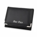 PU folding bus pass holder OEM SKU 1051 with ID windows, metal corner protectors, and rear zipper pocket