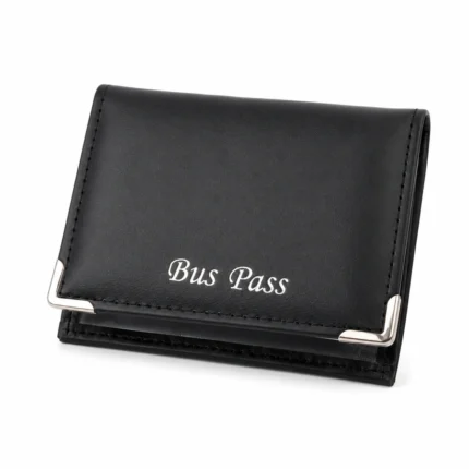 PU folding bus pass holder OEM SKU 1051 with ID windows, metal corner protectors, and rear zipper pocket