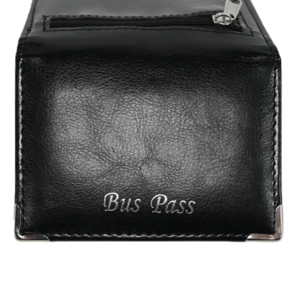 Unfolded black cover with Bus Pass lettering and horizontal zipper — PU leather, SKU 1051