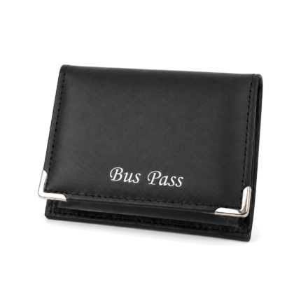 Black folding bus pass holder with silver-tone corner pieces — PU leather, SKU 1051