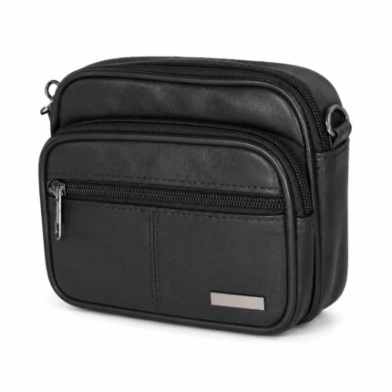 Compact sheepskin leather clutch pouch OEM SKU 1091 with front zipper pocket, rounded piping, and side rings