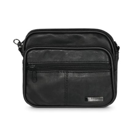 Front of black pouch with horizontal zip and small metal plate — Sheepskin leather, SKU 1091