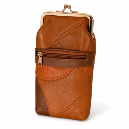 SKU 1164 vertical PU kiss-lock pouch with front zipper pocket and gold-tone frame