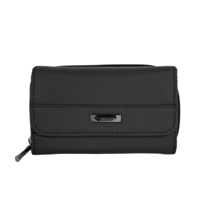 Front of black wallet with horizontal seam and rectangular plaque — Cowhide leather, SKU 1173