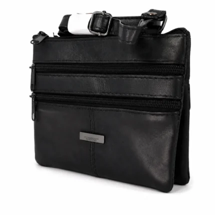 Sheepskin leather crossbody pouch OEM SKU 1191 with slim rectangular body, stacked front zipper sections, and strap connection points