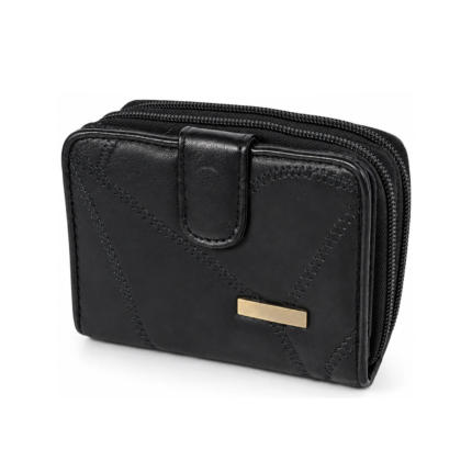 Black patchwork wallet with front tab, gold-tone plaque and two edge zips — Patchwork sheepskin leather, SKU 1264