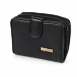 SKU 1264 black PU zip-around wallet with snap-tab front and diagonal stitched panels