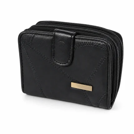 SKU 1264 black PU zip-around wallet with snap-tab front and diagonal stitched panels