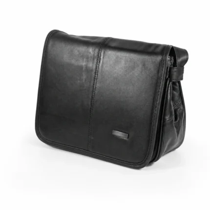 Compact sheepskin flap-front tote bag OEM SKU 1591 with vertical seam, side depth, shoulder strap, and rear zipper pocket