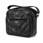 Cowhide leather shoulder bag OEM SKU 176FB with compact black body, front zipper pocket, seam divisions, and shoulder strap