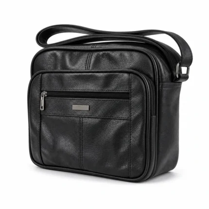 Cowhide leather shoulder bag OEM SKU 176FB with compact black body, front zipper pocket, seam divisions, and shoulder strap