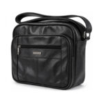 Black shoulder bag with raised zip-front section and long strap — Cowhide leather, SKU 176FB
