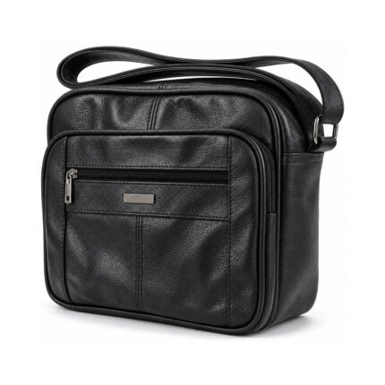 Black shoulder bag with raised zip-front section and long strap — Cowhide leather, SKU 176FB