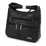 Black PU multi-zip shoulder bag OEM SKU 1785 with upper front zipper, two lower vertical zipper pockets, rear zipper pocket, and shoulder strap