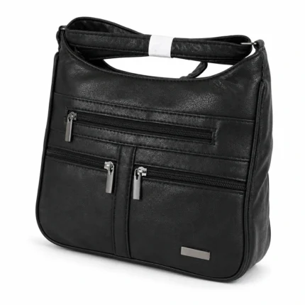 Black PU multi-zip shoulder bag OEM SKU 1785 with upper front zipper, two lower vertical zipper pockets, rear zipper pocket, and shoulder strap