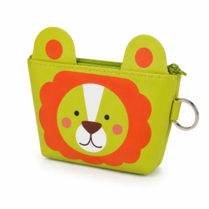 PU animal-face coin purse OEM SKU 1907 with lime-green pouch body, lion-face artwork, keyring attachment, and top zipper