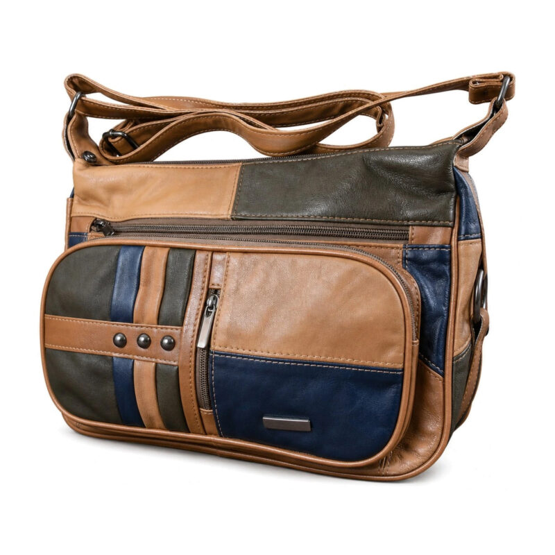 Colour-block shoulder bag with rounded front panel, vertical zip and studded band — Sheepskin leather, SKU 19A