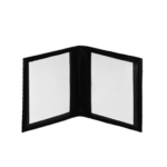 Black holder opened to two clear display windows — PU leather, SKU 2051