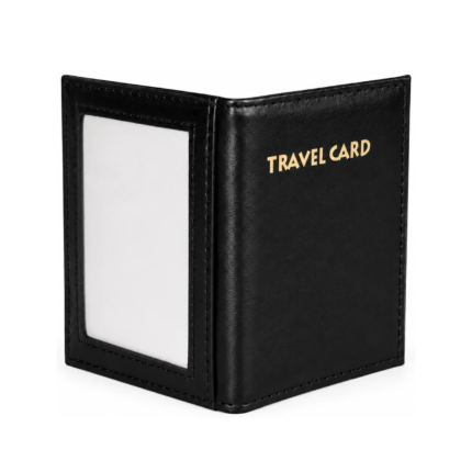 Black travel card holder with window and gold-tone lettering — PU leather, SKU 2051