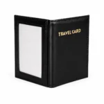 PU bifold travel card holder OEM SKU 2051 with ID window, stitched edge, and black or purple sample views