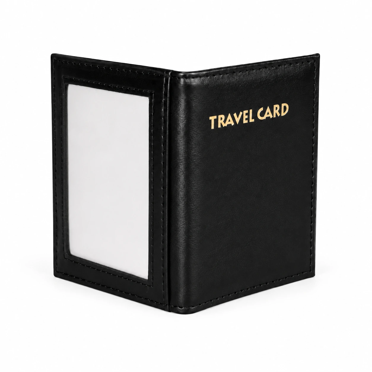 2051-travel-card-holders-pu-10.8x8x0.5-main PU bifold travel card holder OEM SKU 2051 with ID window, stitched edge, and black or purple sample views
