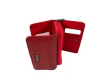 Part-open red wallet showing snap fastening and central zip section — Cowhide leather, SKU 2073