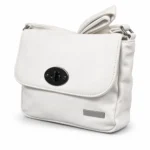 Ivory PU flap shoulder bag OEM SKU 2083 with oval front hardware, rear zipper pocket, and shoulder strap