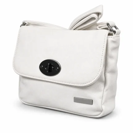 Ivory PU flap shoulder bag OEM SKU 2083 with oval front hardware, rear zipper pocket, and shoulder strap