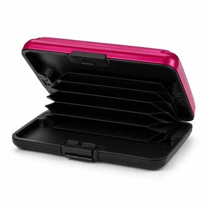 Plastic accordion card case OEM SKU 2137 with hard shell, snap closure, ribbed rear panel, and divided interior