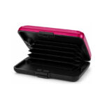 Open magenta plastic card case with black accordion dividers and a central latch — Plastic, SKU 2137
