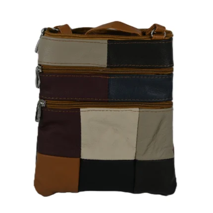Back of the pouch with a block patchwork layout and two horizontal zips — Cowhide leather, SKU 2383