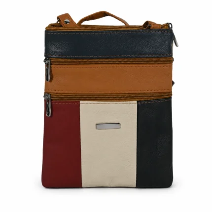 Cowhide colorblock crossbody OEM SKU 2383 with flat body, contrast panels, front zipper pocket, and slim side depth