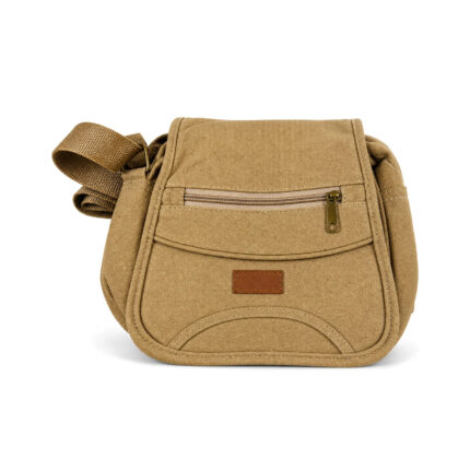 Tan fabric shoulder bag with shaped front panel and zipper — Polyester fabric, SKU 2452