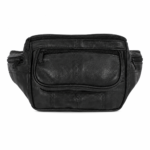 Sheepskin leather waist bag OEM SKU 246FX with black multi-zip front body, curved front pocket, side pouch depth, and belt-style strap ends