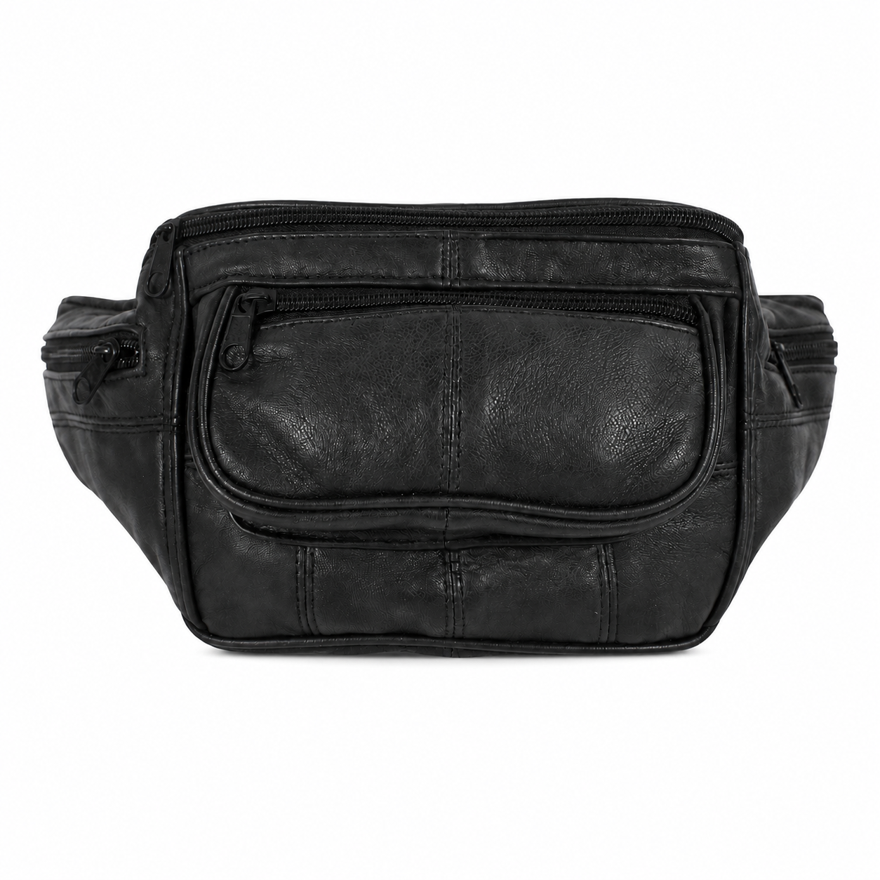 246fx-waist-bags-sheepskin-42.8x18x6-main Sheepskin leather waist bag OEM SKU 246FX with black multi-zip front body, curved front pocket, side pouch depth, and belt-style strap ends