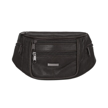 Dark cowhide waist bag with stacked front zips and tapered sides — Cowhide leather, SKU 2541