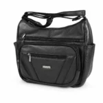 Sheepskin multi-pocket shoulder tote OEM SKU 2591 with front zipper pockets, side pocket sections, rear zipper pocket, and shoulder strap