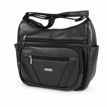 Sheepskin multi-pocket shoulder tote OEM SKU 2591 with front zipper pockets, side pocket sections, rear zipper pocket, and shoulder strap