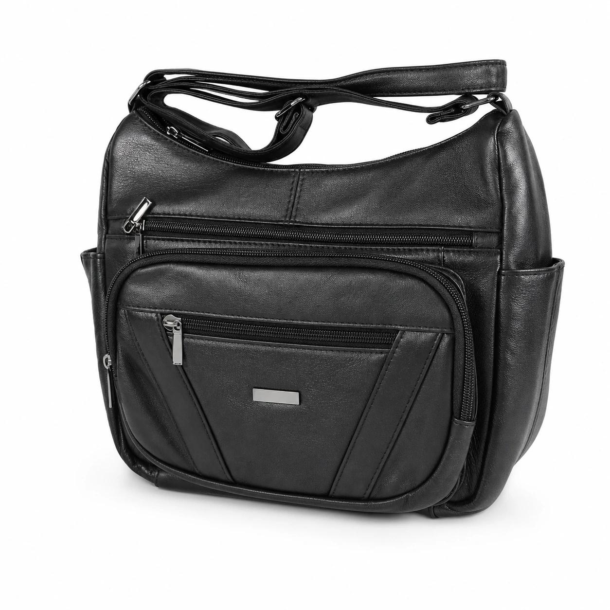 2591-tote-bags-sheepskin-27.5x22x12-main Sheepskin multi-pocket shoulder tote OEM SKU 2591 with front zipper pockets, side pocket sections, rear zipper pocket, and shoulder strap