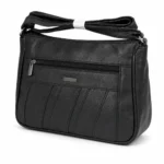 PU front zipper shoulder bag OEM SKU 2685 with raised front pocket, diagonal stitch panels, rear zipper pocket, and shoulder strap