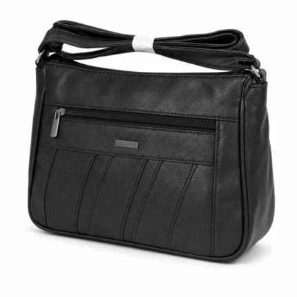 PU front zipper shoulder bag OEM SKU 2685 with raised front pocket, diagonal stitch panels, rear zipper pocket, and shoulder strap