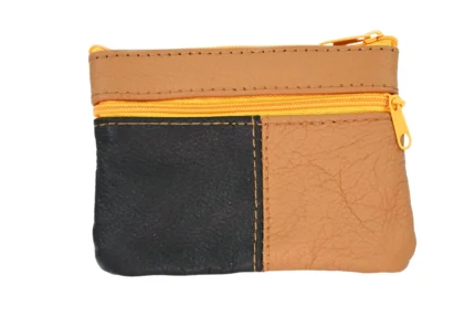 Rear detail of the pouch with black and tan panels below a bright zip — Cowhide leather, SKU 2730