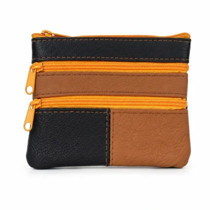 Cowhide Multi-Zip Coin Card Pouch OEM SKU 2730 with flat color-block body, two horizontal zipper tracks, and small side zipper pulls