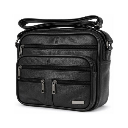 Black shoulder bag with stacked zip panels and paired lower zip pulls — Cowhide leather, SKU 276FB