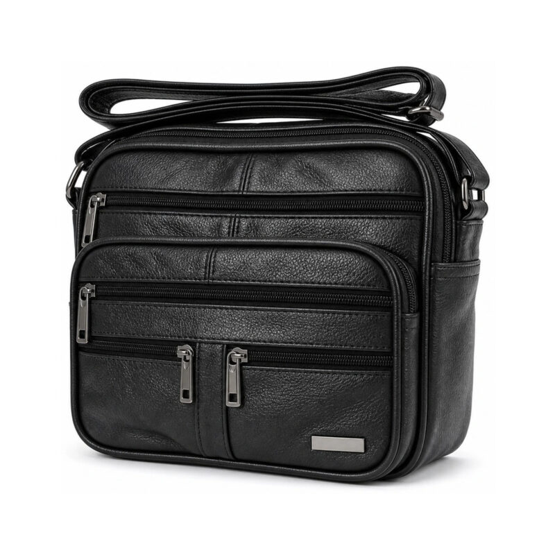 Black shoulder bag with stacked zip panels and paired lower zip pulls — Cowhide leather, SKU 276FB