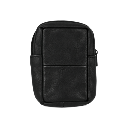 Rear of black pouch with horizontal seam and rounded edge binding — Sheepskin leather, SKU 2881