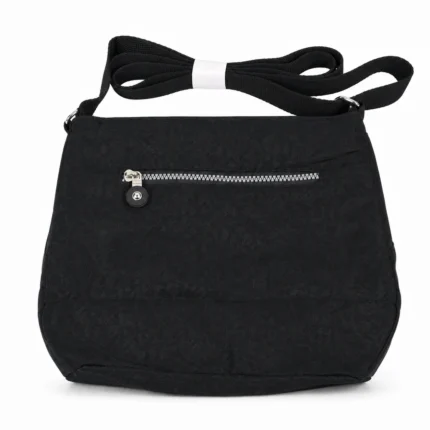 Polyester organizer crossbody OEM SKU 3042 with black textured fabric body, front zipper pocket, curved lower panel, and strap points