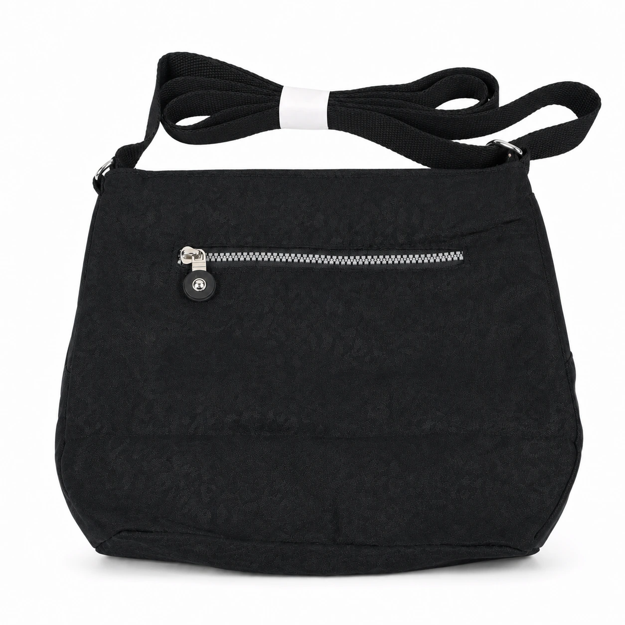 3042-crossbody-bags-polyester-27x24.5x12-main Polyester organizer crossbody OEM SKU 3042 with black textured fabric body, front zipper pocket, curved lower panel, and strap points