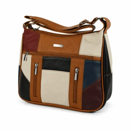 Cowhide colorblock shoulder tote OEM SKU 3083 with tan trim, contrast panels, front zipper pockets, and shoulder strap
