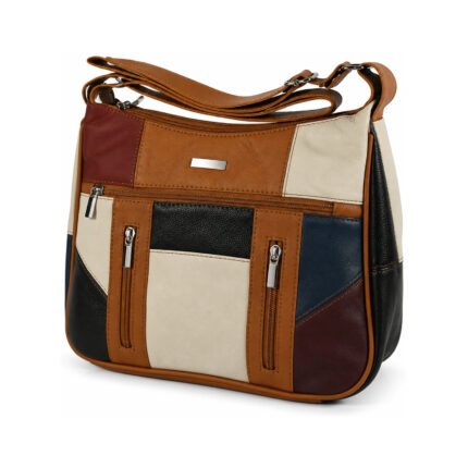 Patchwork shoulder bag with tan trim and vertical front zip tracks — Cowhide leather, SKU 3083